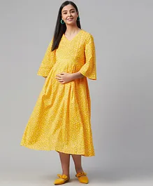 Anayna Three Fourth Sleeves Polka Dot Printed Maternity Dress - Yellow