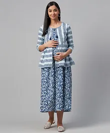 Anayna Sleeveless Floral Printed Maternity Dress With Jacket - Blue