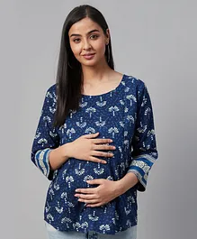 Anayna Three Fourth Sleeves Floral Printed Maternity Top - Blue