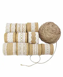 Asian Hobby Crafts Kalakaram Natural Jute Burlap Ribbon with White Lace and Jute Twine Pack of 10 - Brown