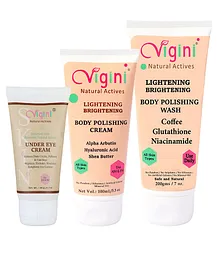 Vigini Under Eye Dark Circle Cream 20G +  Body Lightening Brightening Polishing  Gel Cream 100G + Exfoliating Coffee, Charcoal Wash - 200 ml