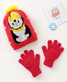 Model Penguin Print Woollen Cap and Gloves Set - Red