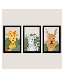 WENS Framed Cute Animals Color Art Print Pack of 3  - Multicolor
