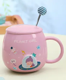 Ceramic Mug With Spoon & Lid Pink (Color May Vary)- 380 ml