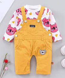 WOW Full Sleeves Solid Dungaree Style Romper with Inner Tee Piggy Print - Yellow