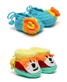 MayRa Knits Pack Of 2 Pair Of Flower & Animal Design Booties - Blue