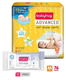 Babyhug Daily Rich Moisturising Milk Wipes 72 Pieces and Advanced Pant style Diaper M-76 Pieces