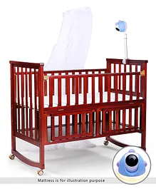 Smart cot Combo - Babyhug Chester 3 in 1 Rocking Cot Cum Junior Bed With Mattress - Dark Brown and SIMCAM Super Nanny AI Rapid Response Baby Monitor - Blue