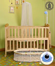 Smart Cot Combo - Babyhug Kelly Wooden Cot With Detachable Bassinet & Mosquito Net - Natural and SIMCAM Super Nanny AI Rapid Response Baby Monitor - Blue