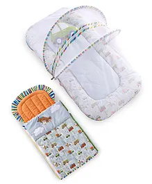Babyhug Premium Mosquito Net Gadda Set and Premium Baby Nest Bag - Transport Theme