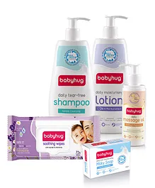 Babyhug skincare and wipes mega pack ( Babyhug Lavender & Chamomile Wipes, Shampoo 400 ml, Milky Wash 400 ml, Lotion 400 ml, Oil 200 ml, Milky Soap 125gm)