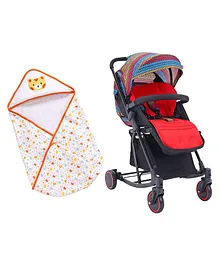 Babyhug Rock Star Stroller - Red & Babyhug 100 Cotton Hooded Wrapper Bear Print - Orange