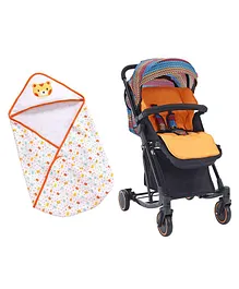 Babyhug Rock Star Stroller - Orange & Babyhug 100 Cotton Hooded Wrapper Bear Print - Orange