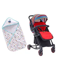 Babyhug Rock Star Stroller - Red & Babyhug 100 Cotton Hooded Wrapper Space Print - Blue