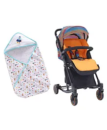 Babyhug Rock Star Stroller - Orange & Babyhug 100 Cotton Hooded Wrapper Space Print - Blue