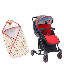 Babyhug Rock Star Stroller - Red & Babyhug 100 Cotton Hooded Wrapper Racoon Print - Orange