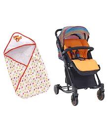 Babyhug Rock Star Stroller - Orange & Babyhug 100 Cotton Hooded Wrapper Racoon Print - Orange
