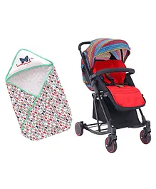 Babyhug Rock Star Stroller - Red & Babyhug 100 Cotton Hooded Wrapper Butterfly Print - Green