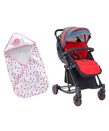 Babyhug Rock Star Stroller - Red & Babyhug 100 Cotton Hooded Wrapper Giraffe Print - Pink Blue