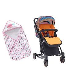 Babyhug Rock Star Stroller - Orange & Babyhug 100 Cotton Hooded Wrapper Giraffe Print - Pink Blue