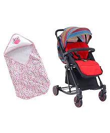 Babyhug Rock Star Stroller - Red & Babyhug 100 Cotton Hooded Wrapper Floral Print - Pink