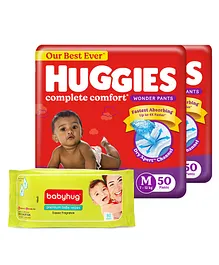 Huggies Wonder Pants Diapers Medium Size Combo Pack of 2 -  50 Pieces Each & Babyhug Premium Baby Wipes - 80 Pieces
