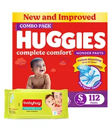 Huggies Wonder Pants Small Pant Style Diapers Pack of 2 - 56 Pieces each & Babyhug Premium Baby Wipes - 80 Pieces