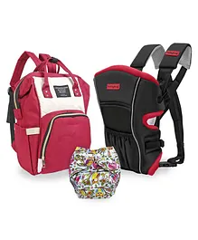 Babyhug Embrace 2 Way Carrier & Diaper Backpack & Babyhug Reusable Cloth Diaper ( Red - BLK)