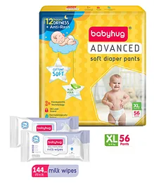 Babyhug Advanced Pant Style Diapers Extra Large - 56 Pieces & Babyhug Daily Moisturising Milk Wipes - 72 Pieces (Pack of 2)