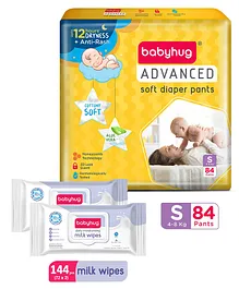 Babyhug Advanced Pant Style Diapers Small - 84 Pieces & Babyhug Daily Moisturising Milk Wipes - 72 Pieces (Pack of 2)