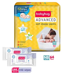 Babyhug Advanced Pant Style Diapers New Born - 64 Pieces & Babyhug Daily Moisturising Milk Wipes - 72 Pieces (Pack of 2)