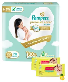 Pampers Premium Care Pants, New Born, Extra Small size baby diapers  (NB,XS), 70 count, Softest ever Pampers & Babyhug Premium Baby Lemon Wipes - 72 Pieces - (Pack of 2)