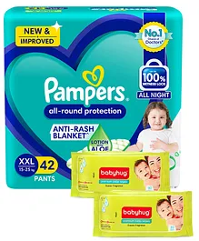 Pampers All round Protection Pants, Double Extra Large size  (XXL) 42 Count, Anti Rash diapers, Lotion with Aloe Vera & Babyhug Premium Baby Lemon Wipes - 72 Pieces - (Pack of 2)