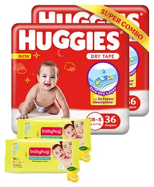 Huggies Newborn Small Size Complete Comfort Dry Baby Tape Diapers Combo Pack of 2 with 5 in 1 Comfort - 36 Pieces Each (Total 72 Pieces) & Babyhug Premium Baby Lemon Wipes - 72 Pieces - (Pack of 2)