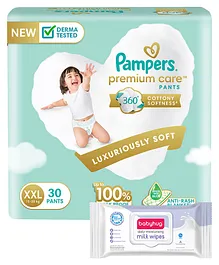 Pampers Premium Care Pants, Double Extra Large size baby diapers (XXL), 30 Count, Softest ever Pampers pants & Babyhug Daily Moisturising Milk Wipes - 72 Pieces