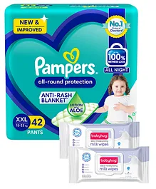 Pampers All round Protection Pants, Double Extra Large size  (XXL) 42 Count, Anti Rash diapers, Lotion with Aloe Vera & Babyhug Daily Moisturising Milk Wipes - 72 Pieces - (Pack of 2)