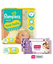 Pampers Active Baby Diapers, New Born, Extra Small, (NB, XS) size, 72 Count, Taped style diaper & Babyhug Soothing Lavender & Chamomile Wipes - 72 Pieces - (Pack of 2)
