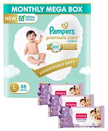Pampers Premium Care Pants, Large size baby diapers (LG), 88 Count, Softest ever Pampers pants & Babyhug Soothing Lavender & Chamomile Wipes - 72 Pieces - (Pack of 3)