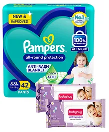 Pampers All round Protection Pants, Double Extra Large size  (XXL) 42 Count, Anti Rash diapers, Lotion with Aloe Vera & Babyhug Soothing Lavender & Chamomile Wipes - 72 Pieces - (Pack of 2)