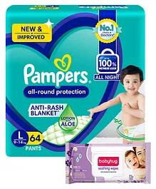 Pampers All round Protection Pants, Large size  (LG) 64 Count, Anti Rash diapers, Lotion with Aloe Vera & Babyhug Soothing Lavender & Chamomile Wipes - 72 Pieces - (Pack of 2)