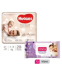 Huggies Premium Soft Pants Small Size Diapers - 28 Pieces & Babyhug Soothing Lavender & Chamomile Wipes - 72 Pieces