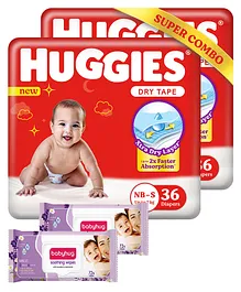 Huggies Newborn Small Size Complete Comfort Dry Baby Tape Diapers Combo Pack of 2 with 5 in 1 Comfort - 36 Pieces Each (Total 72 Pieces) & Babyhug Soothing Lavender & Chamomile Wipes - 72 Pieces - (P