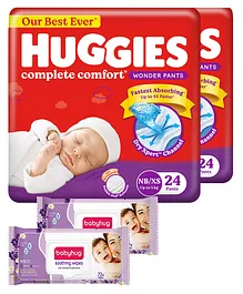 Huggies Wonder Pants Extra Small Size Pant Style Diapers Pack Of 2 - 24 Pieces Each & Babyhug Soothing Lavender & Chamomile Wipes - 72 Pieces - (Pack of 2)