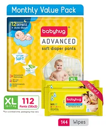 Babyhug Advanced Pant Style Diapers Extra Large Monthly Box Pack - 112 Pieces & Babyhug Premium Baby Lemon Wipes - 72 Pieces (Pack of 2)