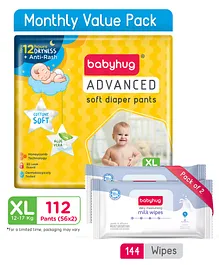 Babyhug Advanced Pant Style Diapers Extra Large Monthly Box Pack - 112 Pieces & Babyhug Daily Moisturising Milk Wipes - 72 Pieces (Pack of 2)