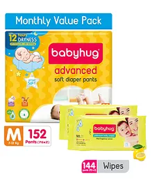Babyhug Advanced Pant Style Diapers Medium Monthly Box Pack - 152 Pieces  & Babyhug Premium Baby Lemon Wipes - 72 Pieces (Pack of 2)