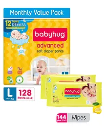 Babyhug Advanced Pant Style Diapers Large Monthly Box Pack - 128 Pieces  & Babyhug Premium Baby Lemon Wipes - 72 Pieces (Pack of 2)
