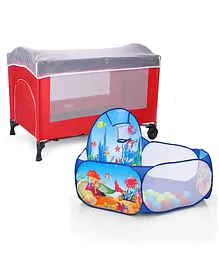 Babyhug My Space Playpen With Removable Mosquito Net - Red Navy (Assembly Video Available) & Babyhug  Jump N Joy Aquatic Theme Activity Ball Pool -  50 Balls