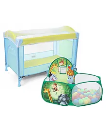 Babyhug My Space Playpen With Removable Mosquito Net - Blue Green (Assembly Video Available) & Babyhug  Jump N Joy Jungle Theme Activity Ball Pool - 50 Balls