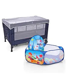 Babyhug Keep Me Close 2 in 1 Playpen Cum Baby Cot With Mosquito Net  - Navy Blue (Assembly Video Available) & Babyhug  Jump N Joy Aquatic Theme Activity Ball Pool -  50 Balls